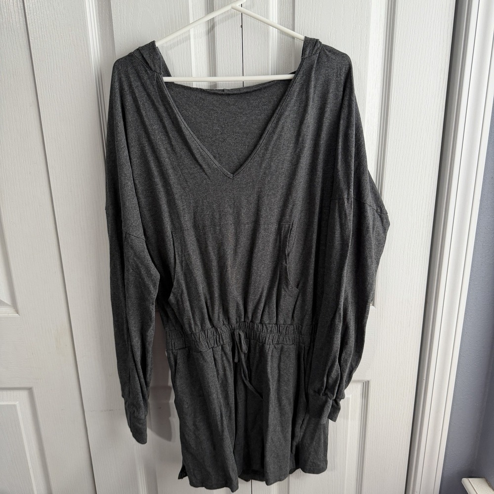 Gray V Neck Long‎ Sleeve Romper With Pockets Travel Comfy Cozy Minimalist Preppy